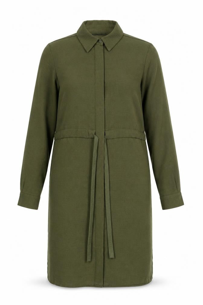 Front view of New Look women’s green polyester sheath, size UK 8, collared button - tie detail