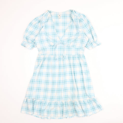 River Island Womens Blue Plaid Polyester A-Line Size 10 V-Neck Pullover - Tie Detail