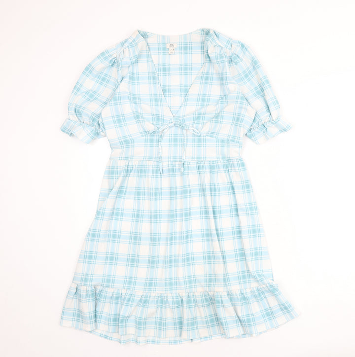 River Island Womens Blue Plaid Polyester A-Line Size 10 V-Neck Pullover - Tie Detail