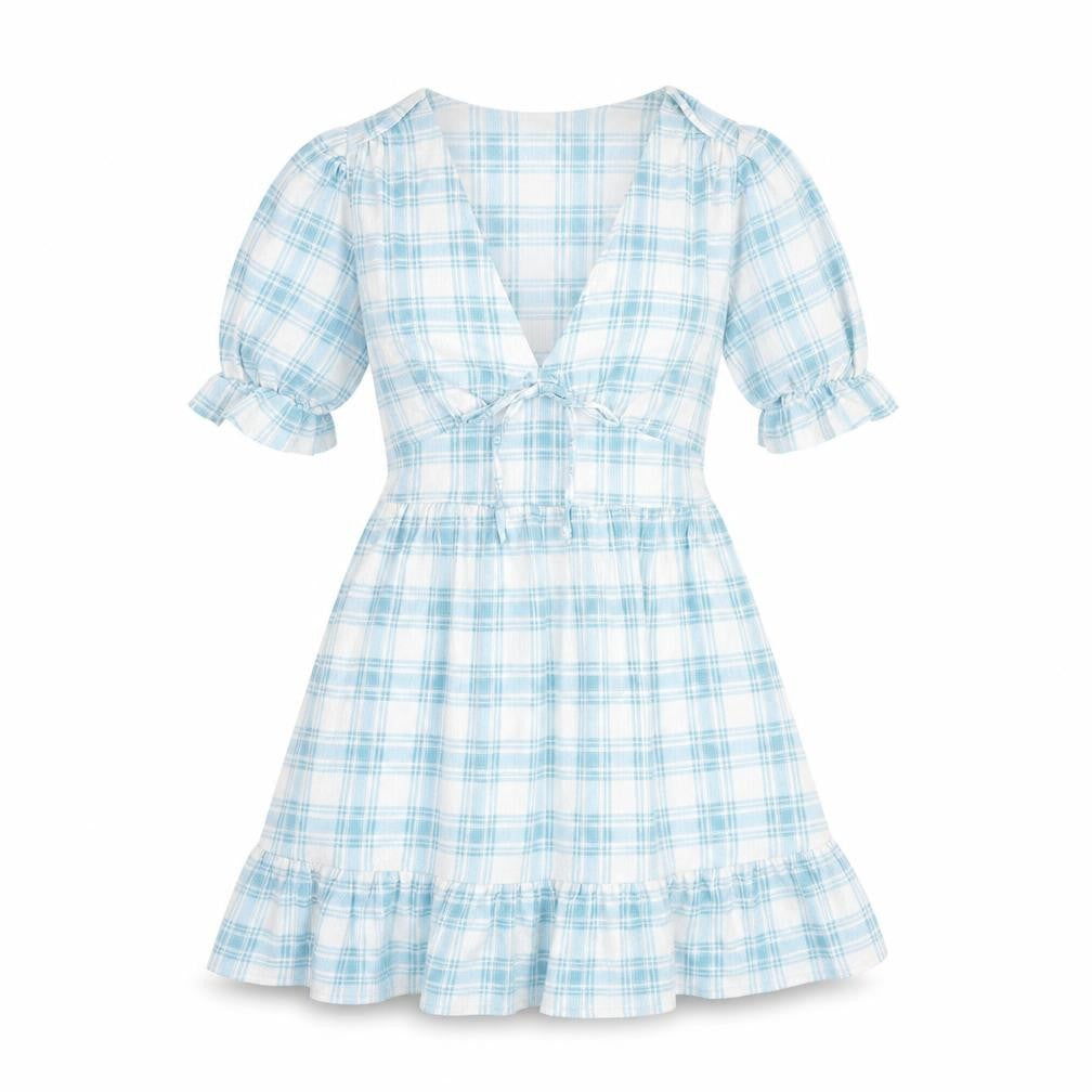 Front view of River Island women’s blue plaid polyester a-line, size UK 10, v-neck pullover - tie detail