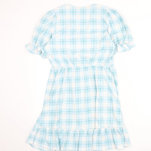 River Island Womens Blue Plaid Polyester A-Line Size 10 V-Neck Pullover - Tie Detail