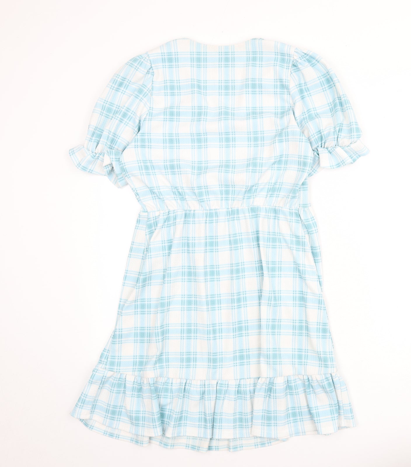 River Island Womens Blue Plaid Polyester A-Line Size 10 V-Neck Pullover - Tie Detail