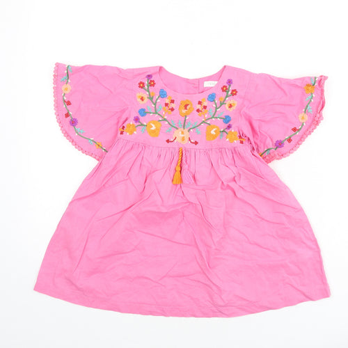 NEXT Girls Pink 100% Cotton A-Line Size 2-3 Years Round Neck Button - Embroidered Detail