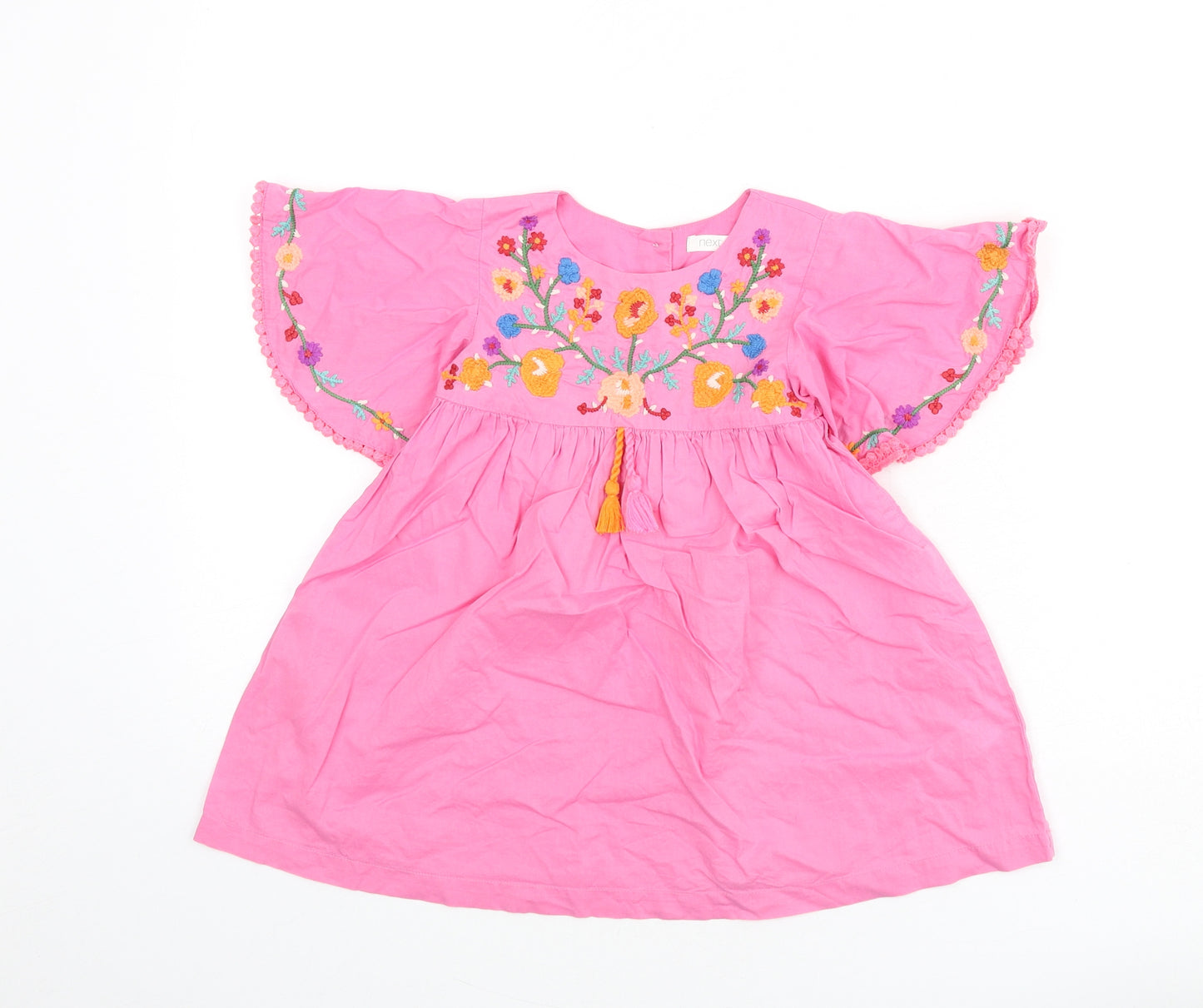 NEXT Girls Pink 100% Cotton A-Line Size 2-3 Years Round Neck Button - Embroidered Detail