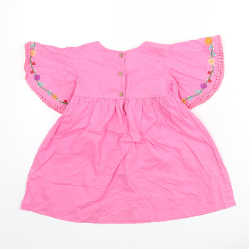 NEXT Girls Pink 100% Cotton A-Line Size 2-3 Years Round Neck Button - Embroidered Detail