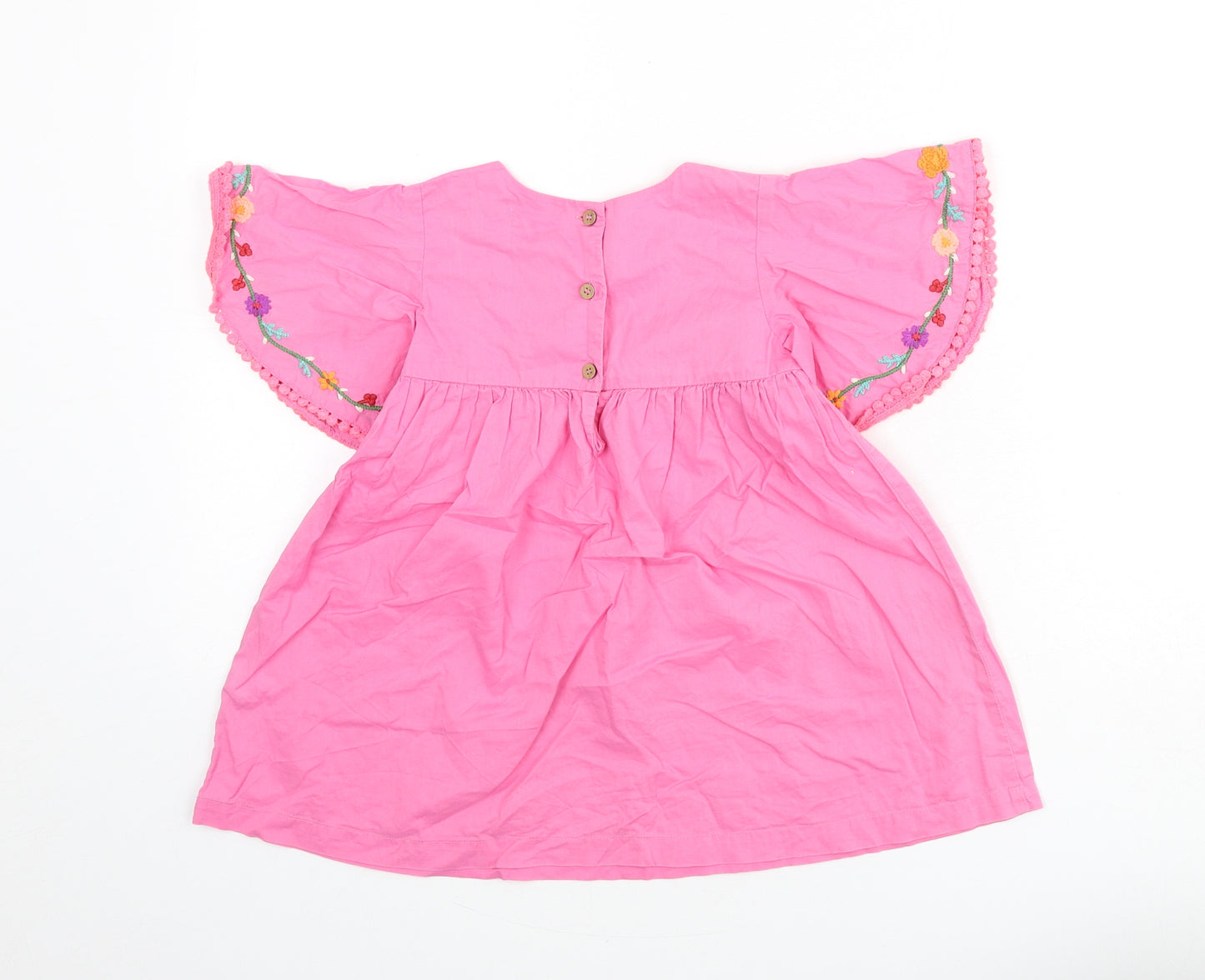 NEXT Girls Pink 100% Cotton A-Line Size 2-3 Years Round Neck Button - Embroidered Detail