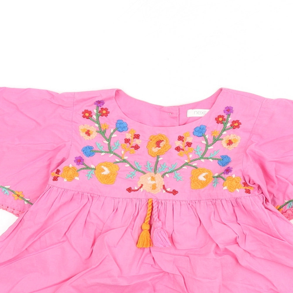 NEXT Girls Pink 100% Cotton A-Line Size 2-3 Years Round Neck Button - Embroidered Detail