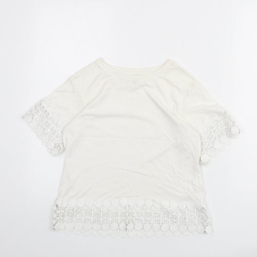 Topshop Womens White Modal Basic T-Shirt Size 6 Round Neck - Lace Trim