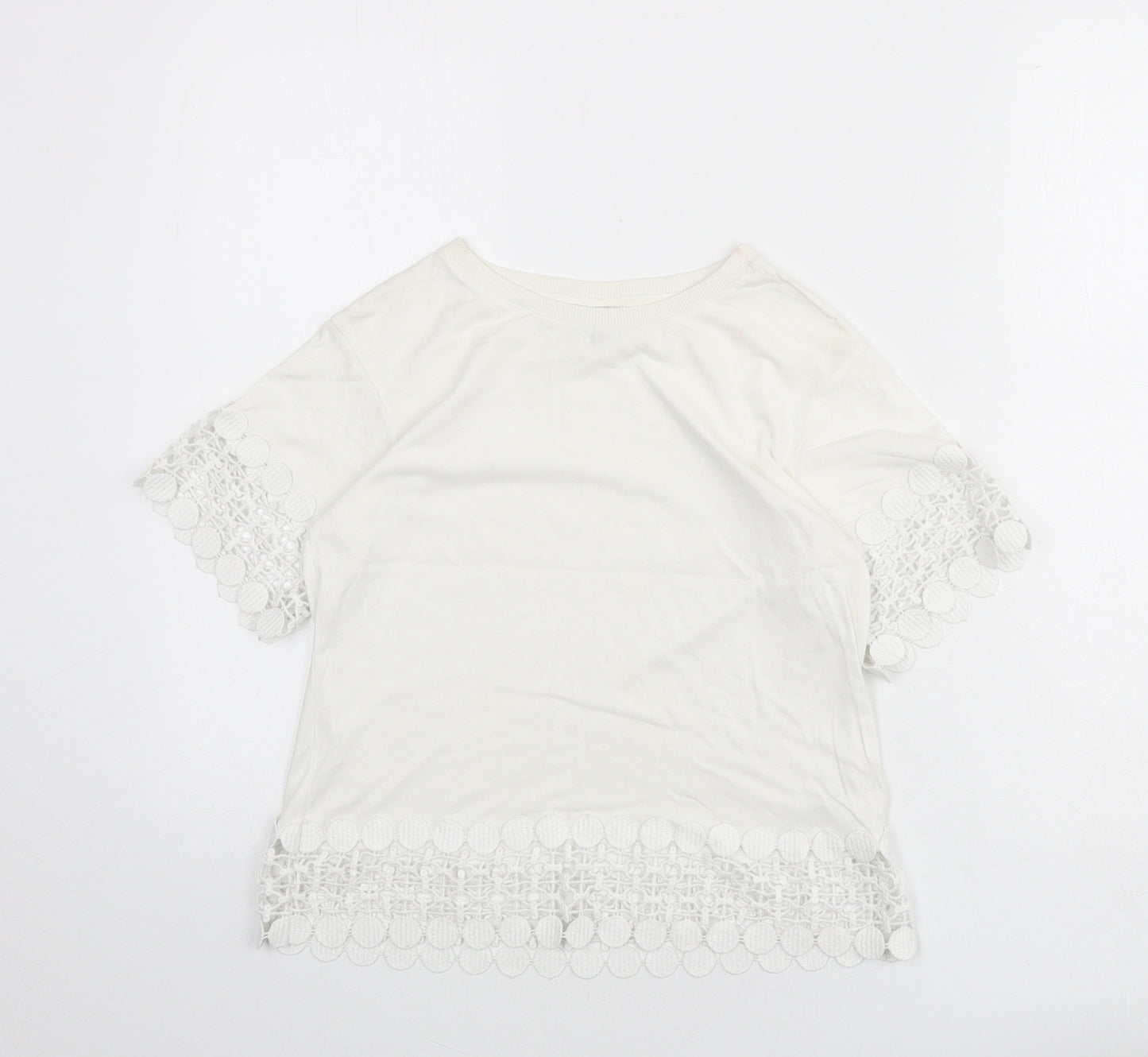 Topshop Womens White Modal Basic T-Shirt Size 6 Round Neck - Lace Trim