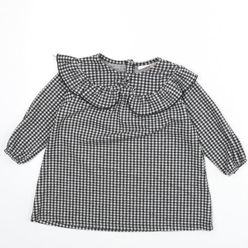 Zara Girls Black Check Polyester Tunic T-Shirt Size 2-3 Years Round Neck Button - Ruffle Detail