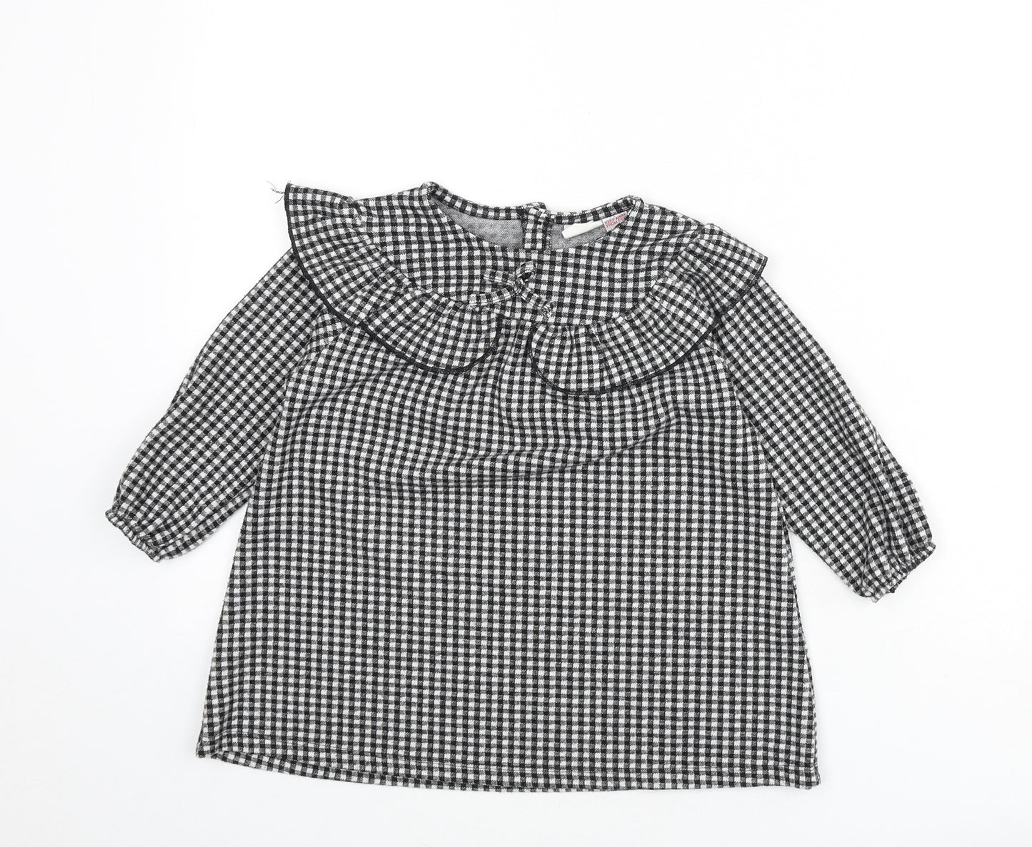 Zara Girls Black Check Polyester Tunic T-Shirt Size 2-3 Years Round Neck Button - Ruffle Detail