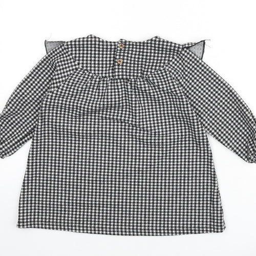 Zara Girls Black Check Polyester Tunic T-Shirt Size 2-3 Years Round Neck Button - Ruffle Detail