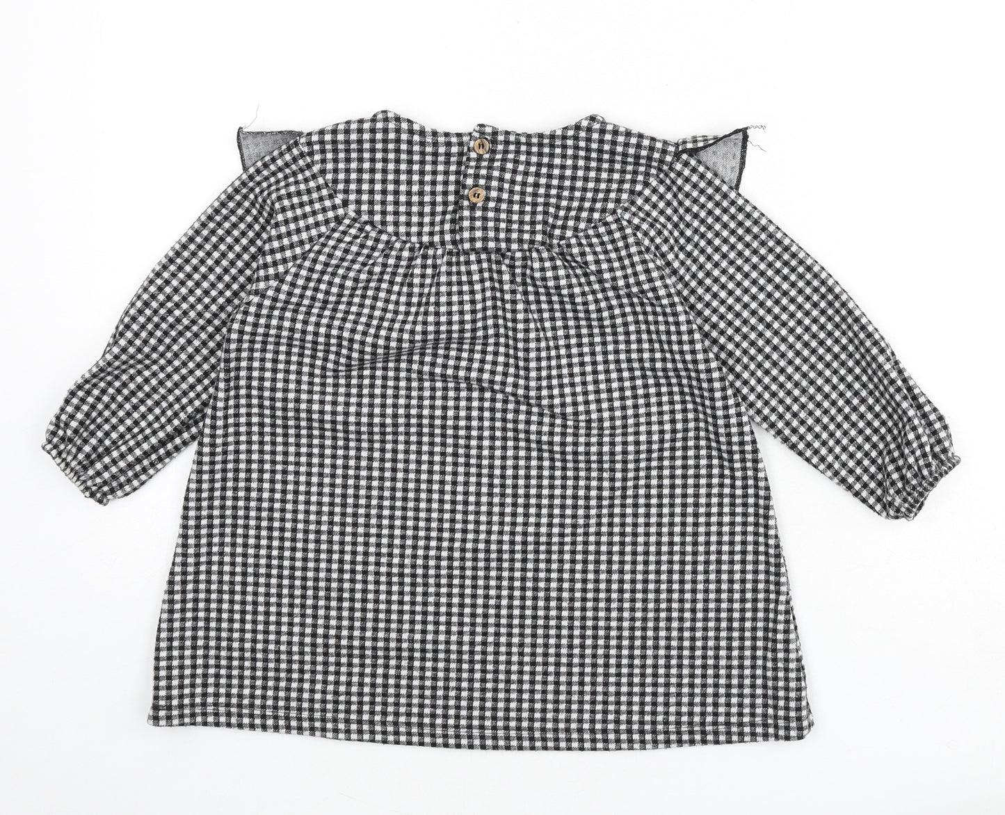 Zara Girls Black Check Polyester Tunic T-Shirt Size 2-3 Years Round Neck Button - Ruffle Detail