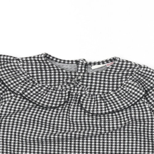 Zara Girls Black Check Polyester Tunic T-Shirt Size 2-3 Years Round Neck Button - Ruffle Detail