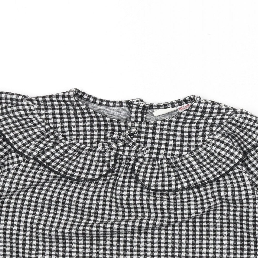 Zara Girls Black Check Polyester Tunic T-Shirt Size 2-3 Years Round Neck Button - Ruffle Detail