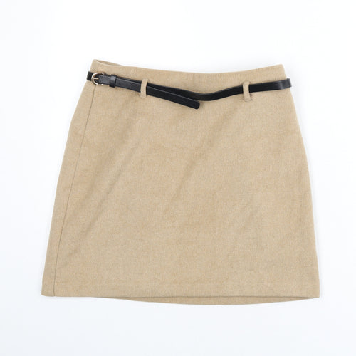 New Look Womens Beige Polyester A-Line Skirt Size 10 Zip - Belt Included