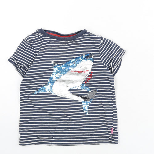 JoJo Maman Bébé Boys Blue Striped 100% Cotton Basic T-Shirt Size 6 Years Round Neck Pullover - Shark, Sequins