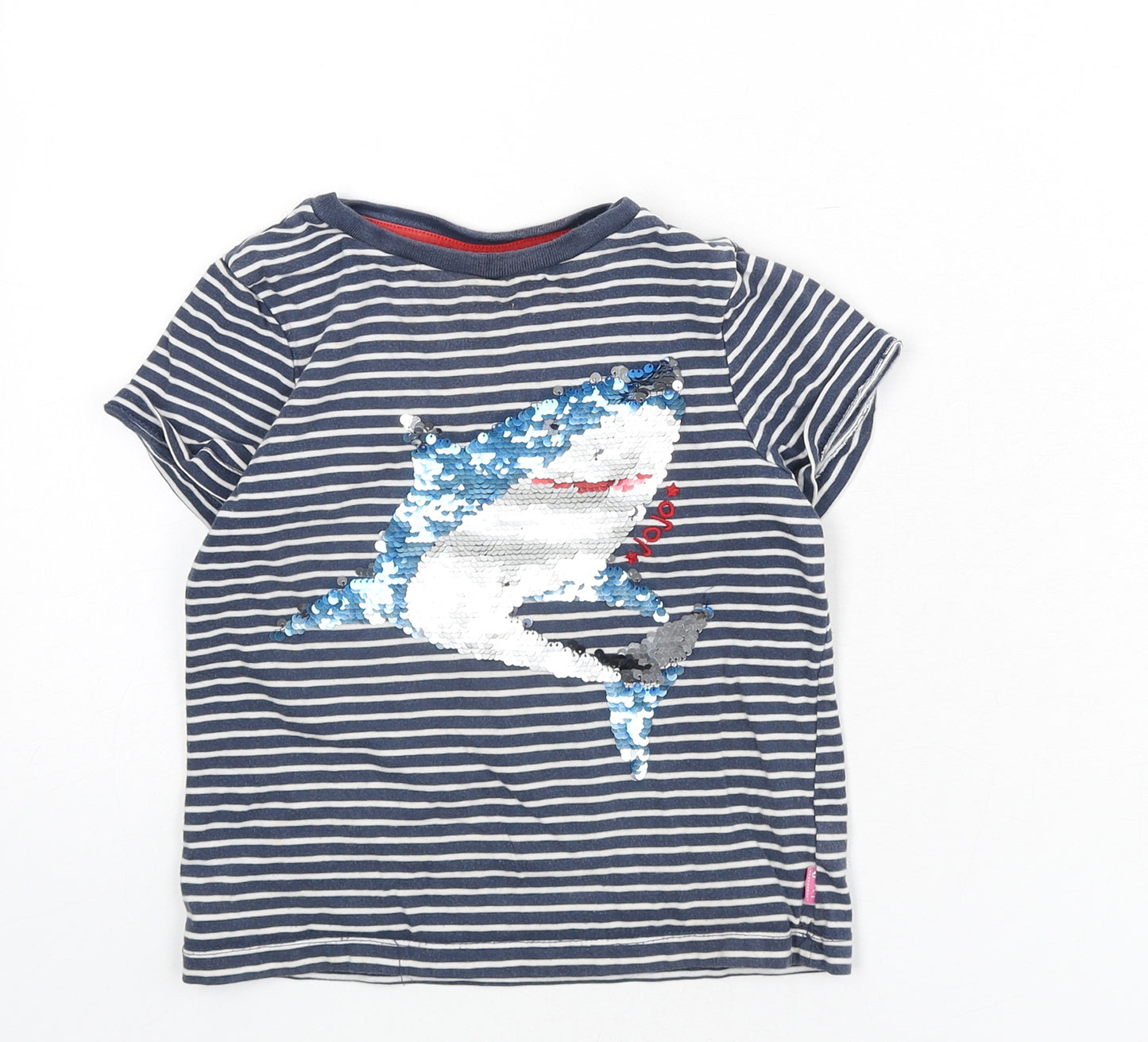 JoJo Maman Bébé Boys Blue Striped 100% Cotton Basic T-Shirt Size 6 Years Round Neck Pullover - Shark, Sequins