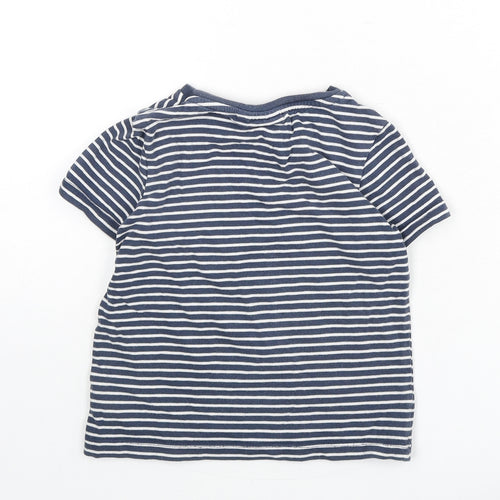 JoJo Maman Bébé Boys Blue Striped 100% Cotton Basic T-Shirt Size 6 Years Round Neck Pullover - Shark, Sequins