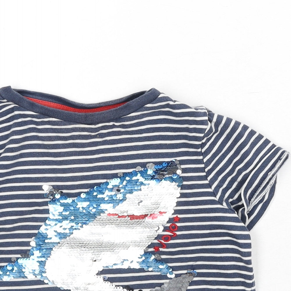 JoJo Maman Bébé Boys Blue Striped 100% Cotton Basic T-Shirt Size 6 Years Round Neck Pullover - Shark, Sequins