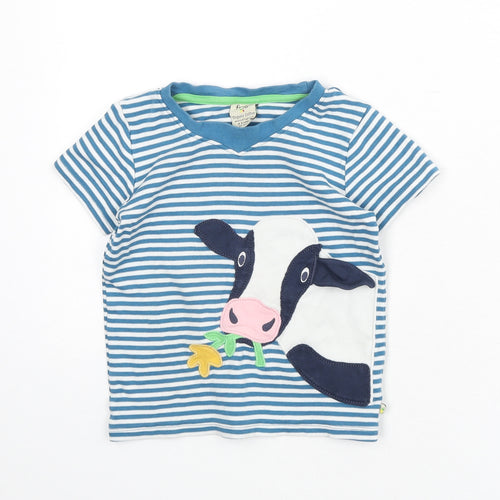 Frugi Girls Blue Striped Cotton Basic T-Shirt Size 4-5 Years Round Neck Pullover - Cow