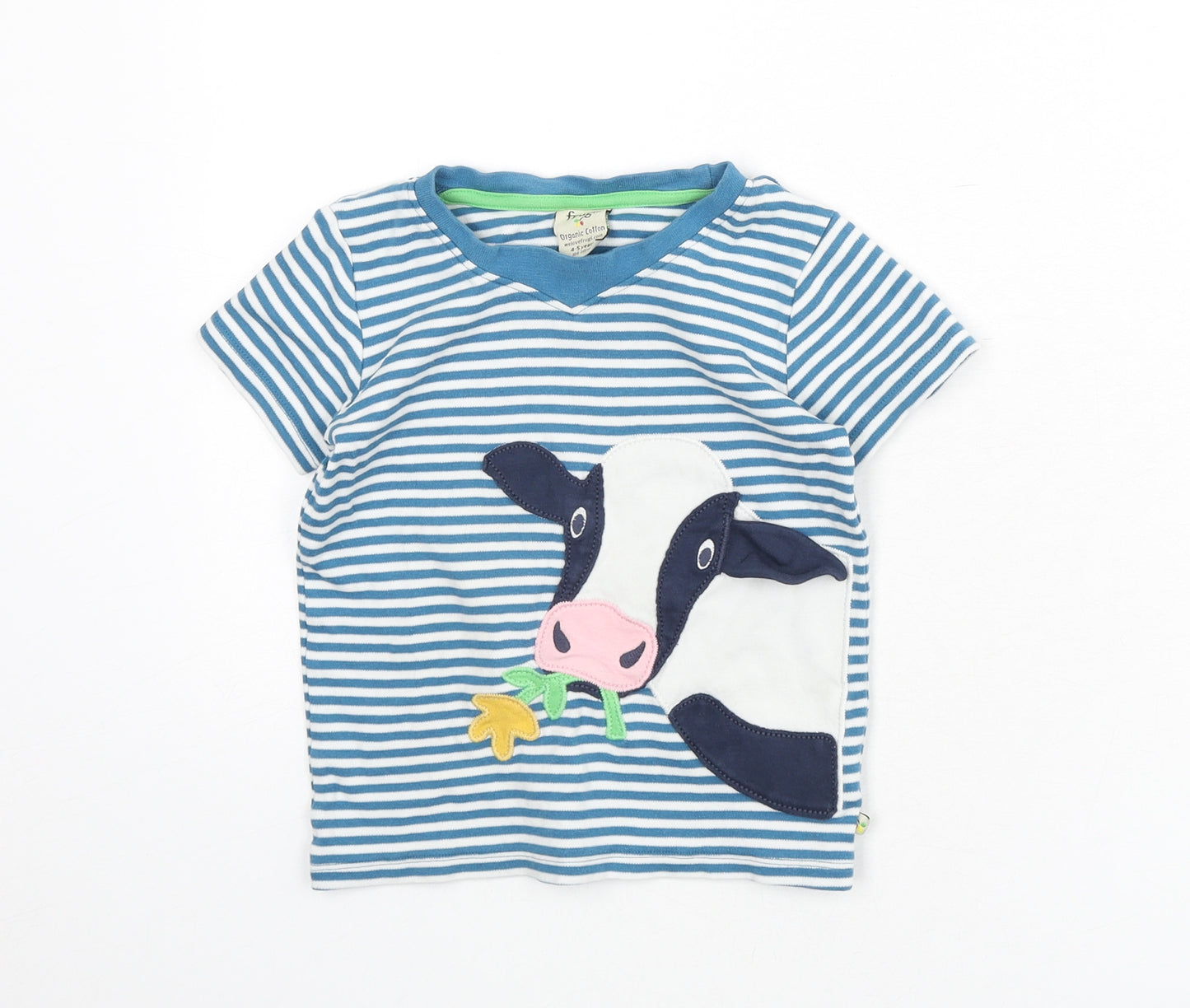 Frugi Girls Blue Striped Cotton Basic T-Shirt Size 4-5 Years Round Neck Pullover - Cow