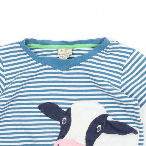 Frugi Girls Blue Striped Cotton Basic T-Shirt Size 4-5 Years Round Neck Pullover - Cow