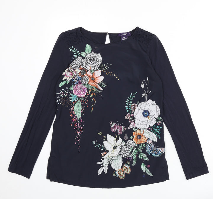 Oasis Womens Blue Floral Viscose Basic Blouse Size XS Round Neck
