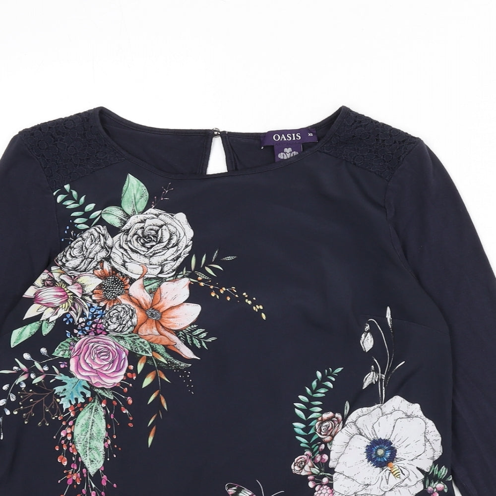 Oasis Womens Blue Floral Viscose Basic Blouse Size XS Round Neck