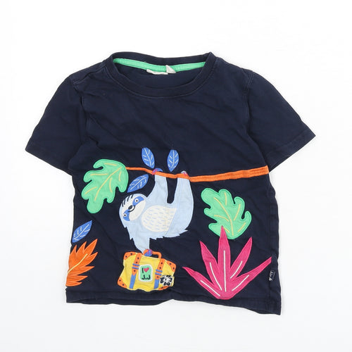 JoJo Maman Bébé Boys Blue 100% Cotton Basic T-Shirt Size 5-6 Years Round Neck Pullover - Sloth, Leaves