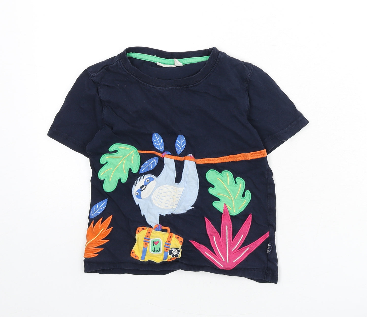 JoJo Maman Bébé Boys Blue 100% Cotton Basic T-Shirt Size 5-6 Years Round Neck Pullover - Sloth, Leaves