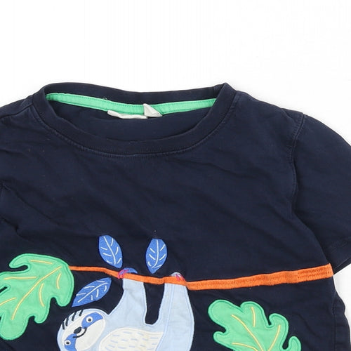 JoJo Maman Bébé Boys Blue 100% Cotton Basic T-Shirt Size 5-6 Years Round Neck Pullover - Sloth, Leaves