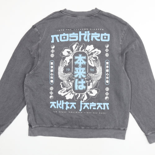 River Island Mens Grey Cotton Pullover Sweatshirt Size L - Koi Fish, Slogan