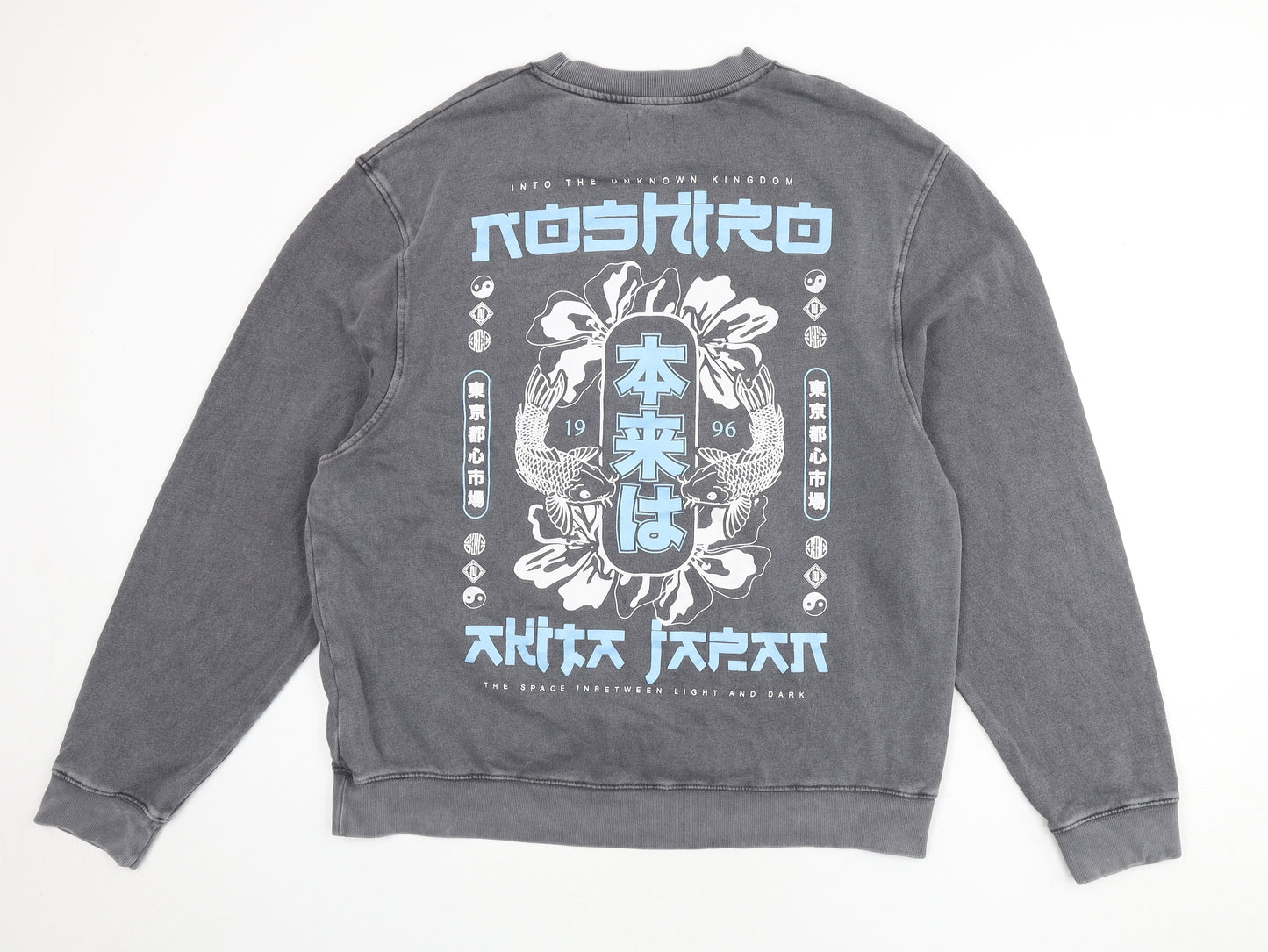 River Island Mens Grey Cotton Pullover Sweatshirt Size L - Koi Fish, Slogan