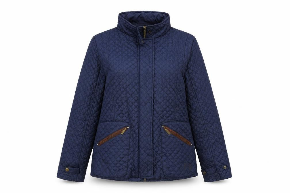 Front view of Horseware women’s blue quilted coat, size S, zip