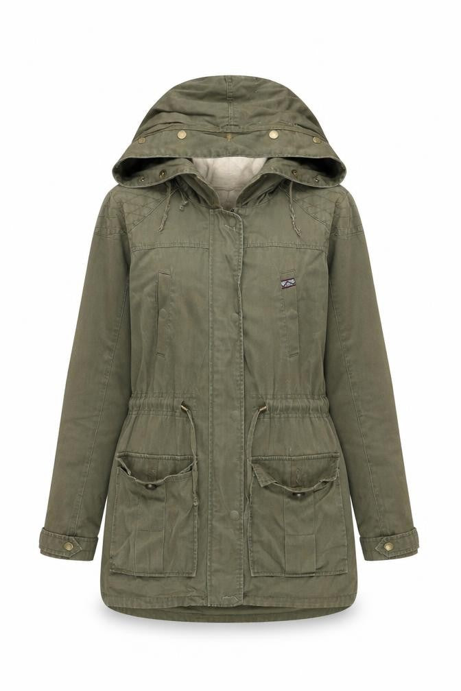 Front view of RESERVED women’s green parka coat, size UK 6, zip