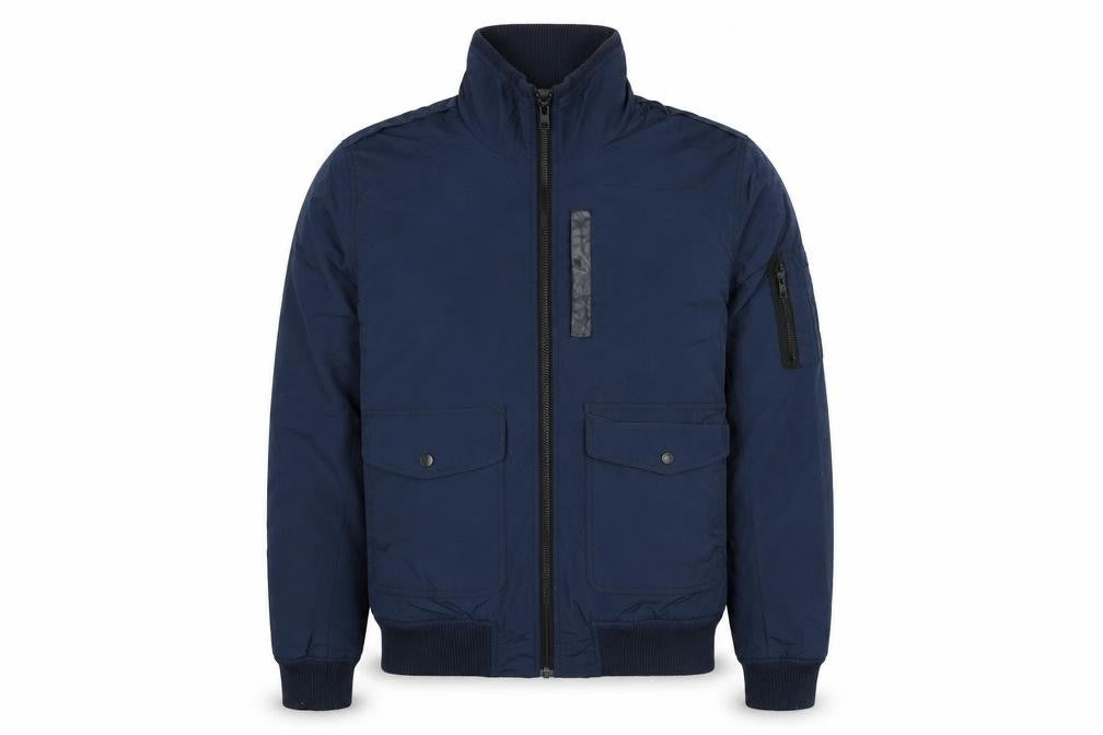 Front view of ASOS men’s blue bomber jacket jacket, size M, zip