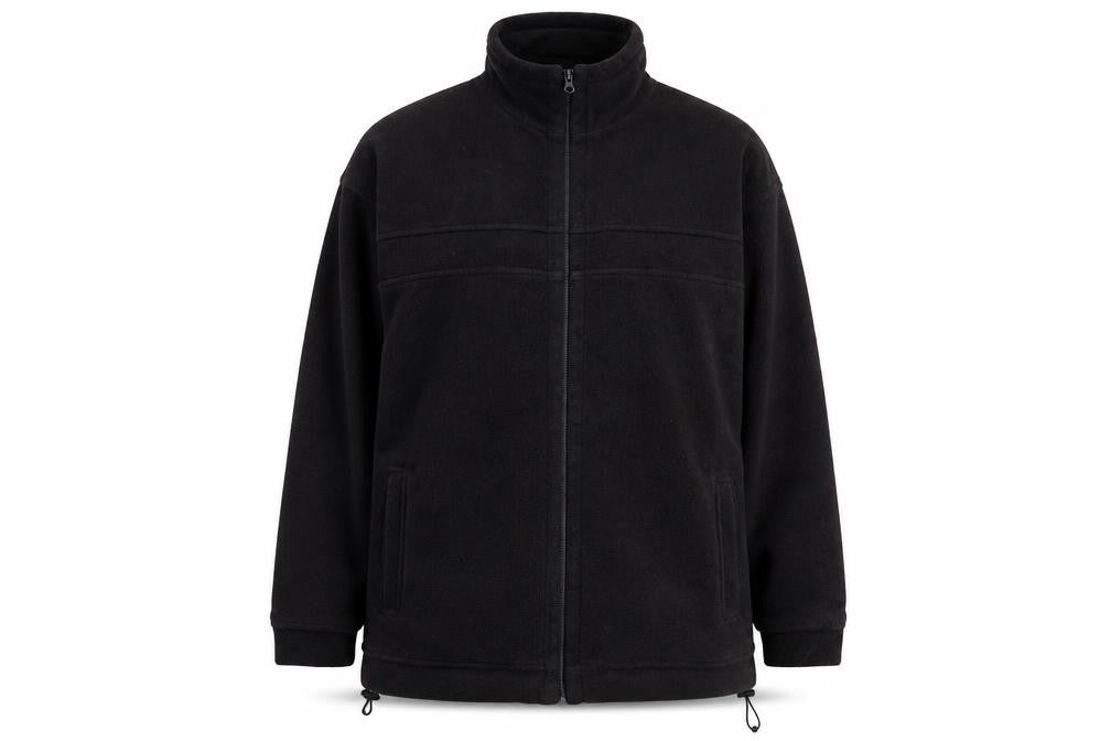 Front view of EWM men’s black jacket, size XL, zip