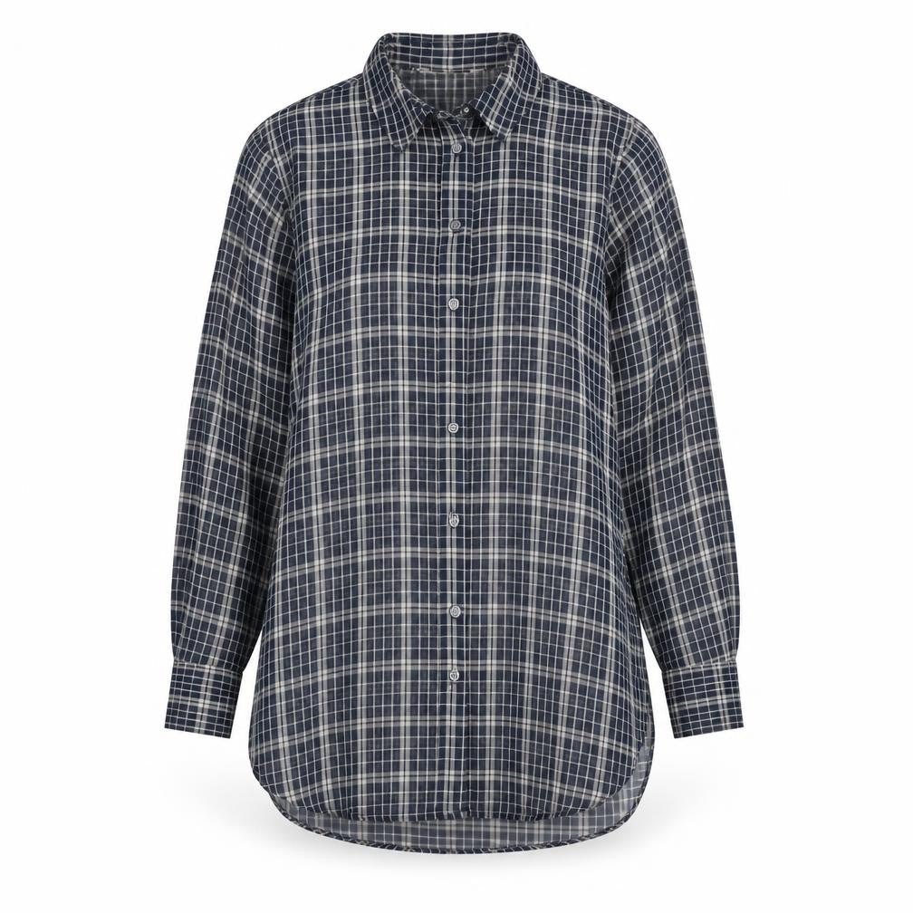 Front view of Next women’s blue plaid polyester basic button-up, size UK 6, collared