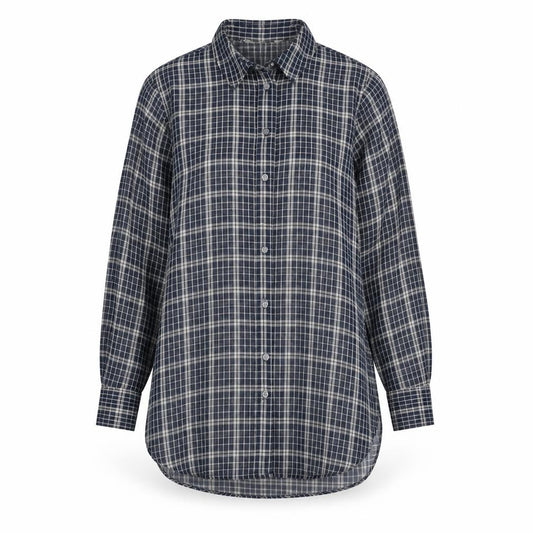Front view of Next women’s blue plaid polyester basic button-up, size UK 6, collared