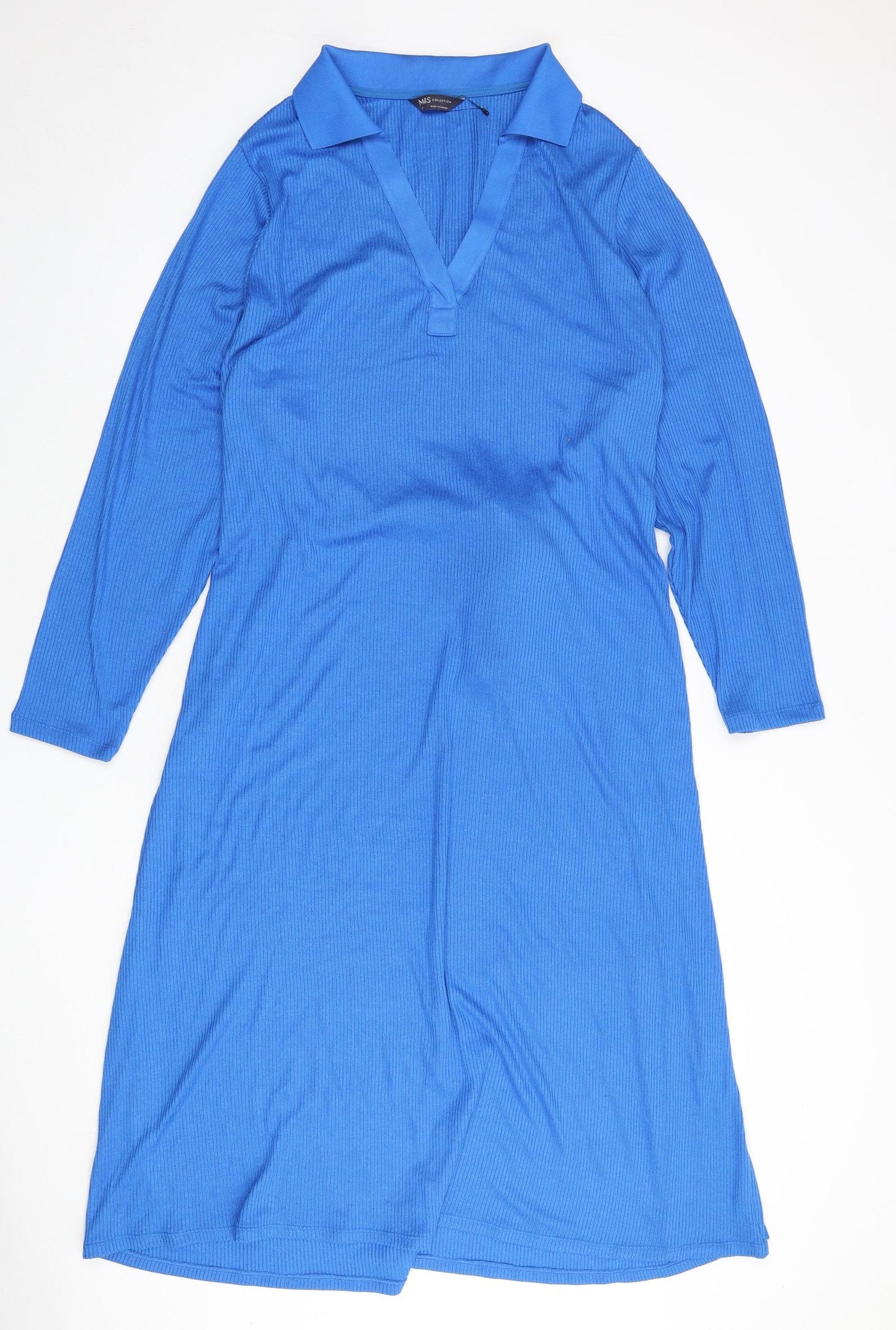 marks Womens Blue Polyester A-Line Size 24 Collared Pullover - Ribbed, Tie Detail