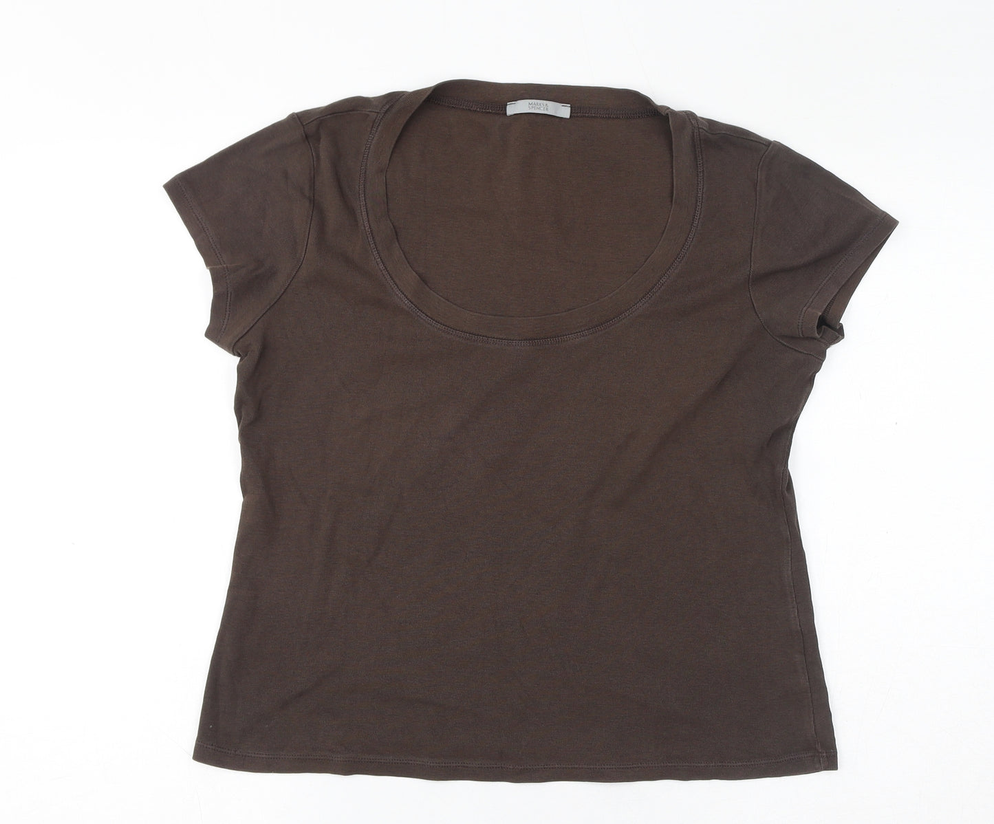 Marks and Spencer Womens Brown Cotton Basic T-Shirt Size 18 Round Neck