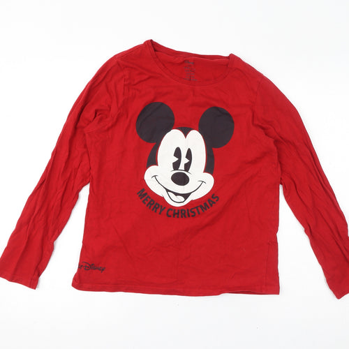 Disney Girls Red Cotton Basic T-Shirt Size 10-11 Years Round Neck Pullover - Size 10-12, Merry Christmas, Micky Mouse