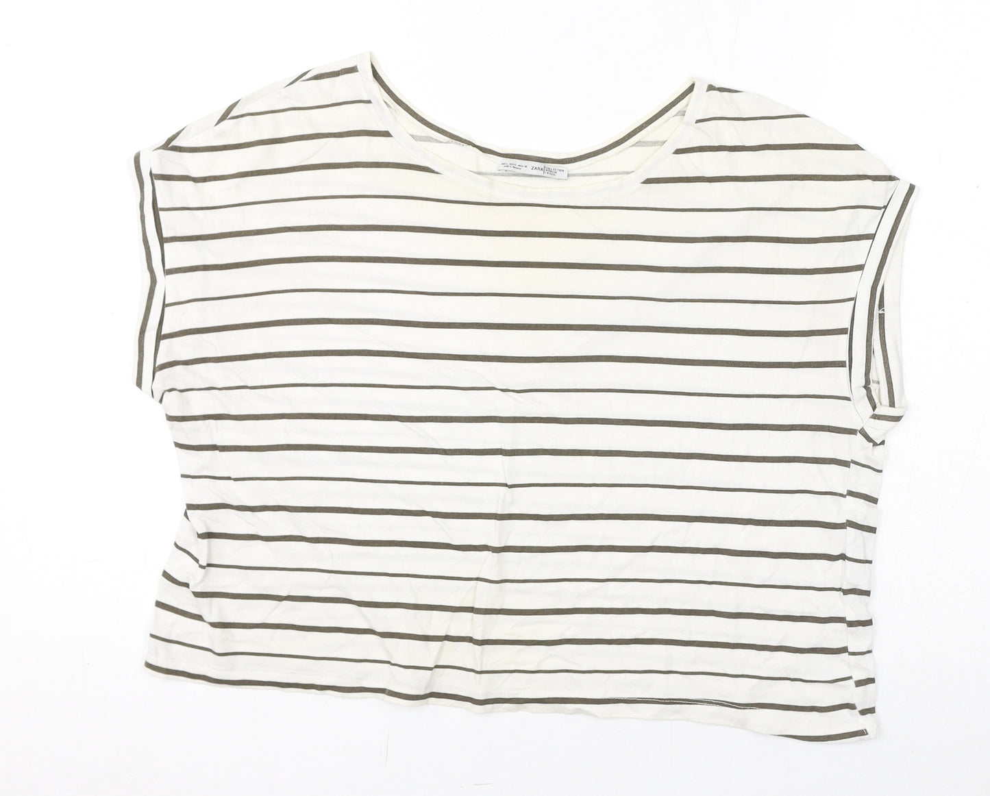 Zara Womens White Striped Cotton Basic T-Shirt Size L Round Neck