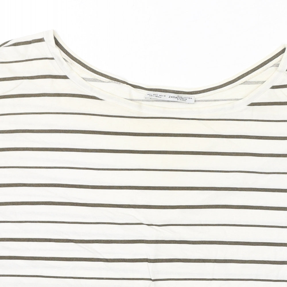 Zara Womens White Striped Cotton Basic T-Shirt Size L Round Neck