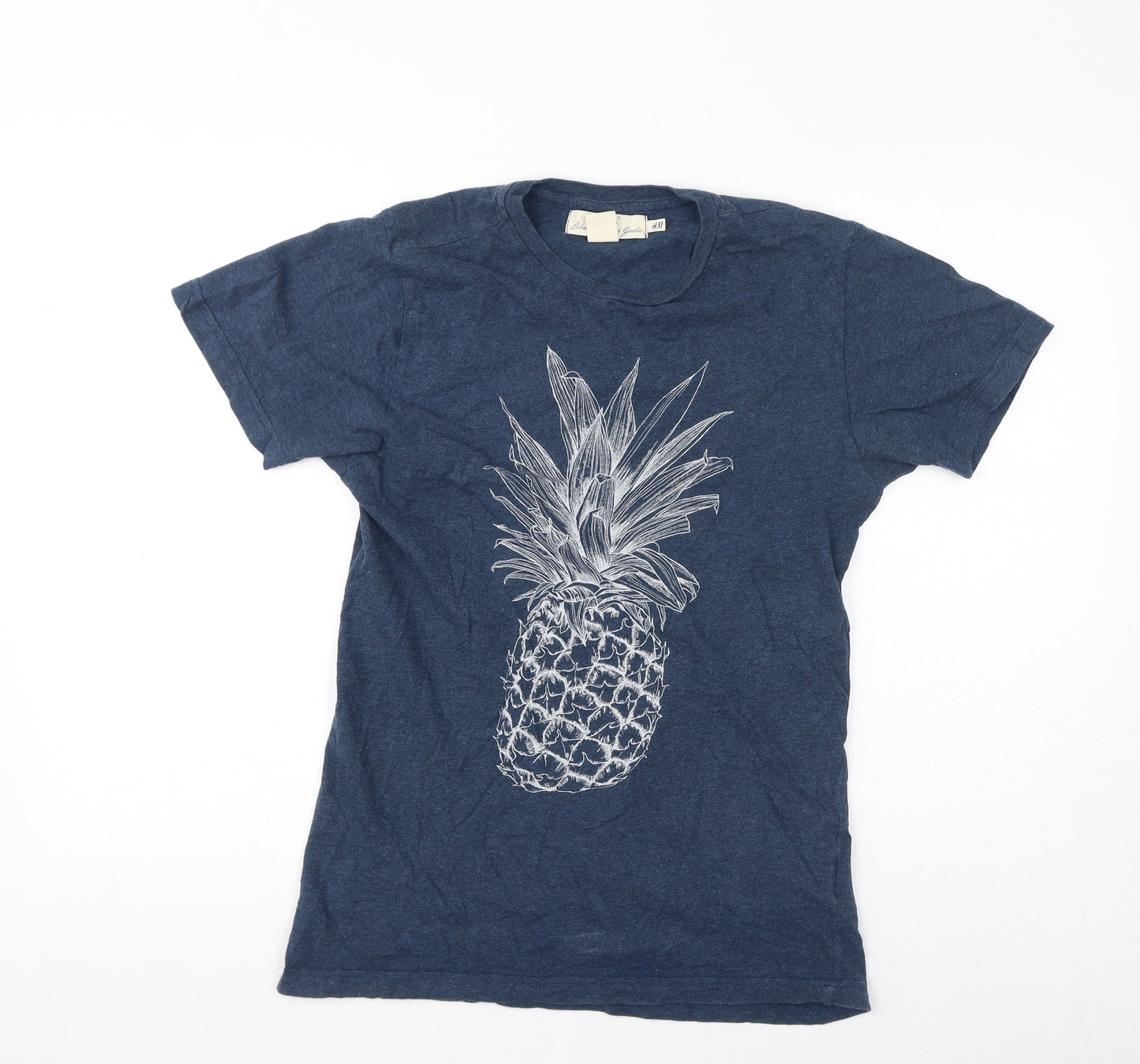 H&M Womens Blue Cotton Basic T-Shirt Size S Round Neck - Pineapple