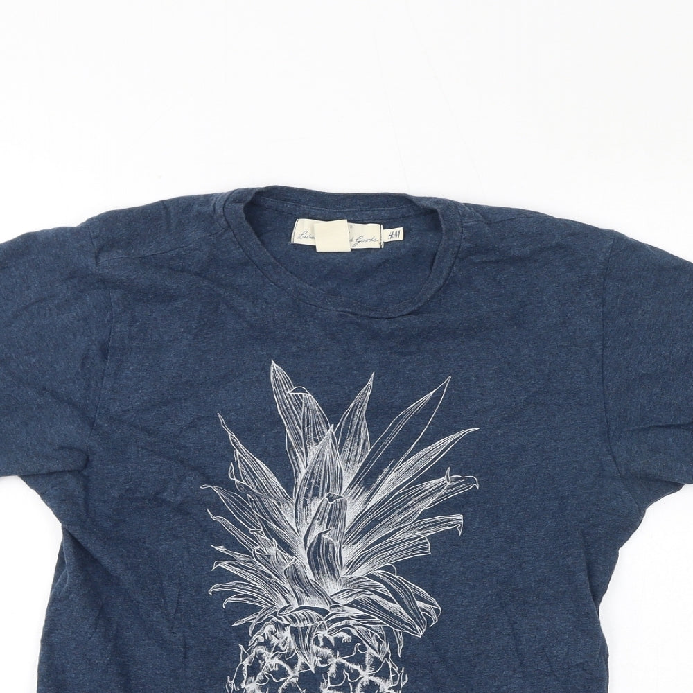 H&M Womens Blue Cotton Basic T-Shirt Size S Round Neck - Pineapple