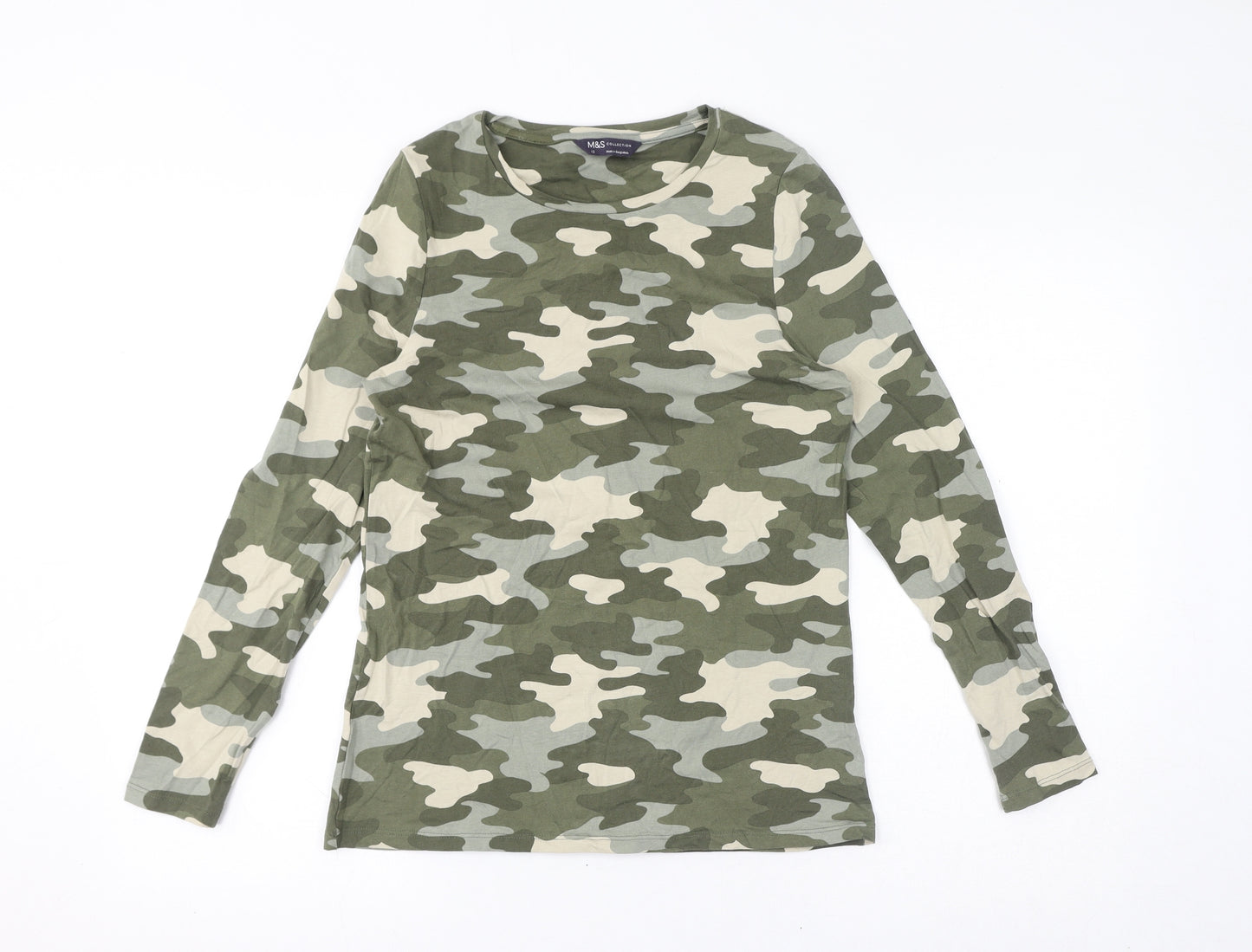 Marks and Spencer Womens Green Camouflage Polyester Basic T-Shirt Size 12 Round Neck