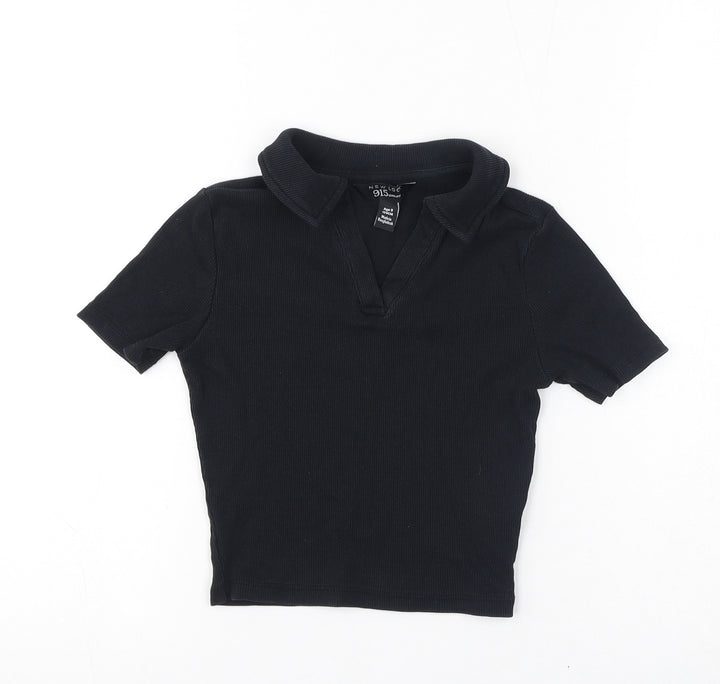 New Look Girls Black Cotton Basic T-Shirt Size 9 Years V-Neck Pullover
