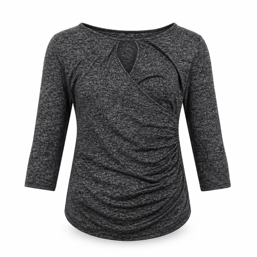 Front view of Jones New York women’s grey viscose basic t-shirt, size S, round neck